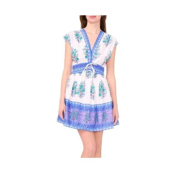 CECE (NWT) Sleeveless V-Neck Mini Dress Border Print Floral, White/Blue - L - Picture 2 of 12